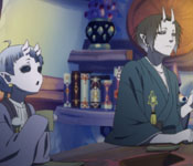 yabashira and shizuno talking with golem